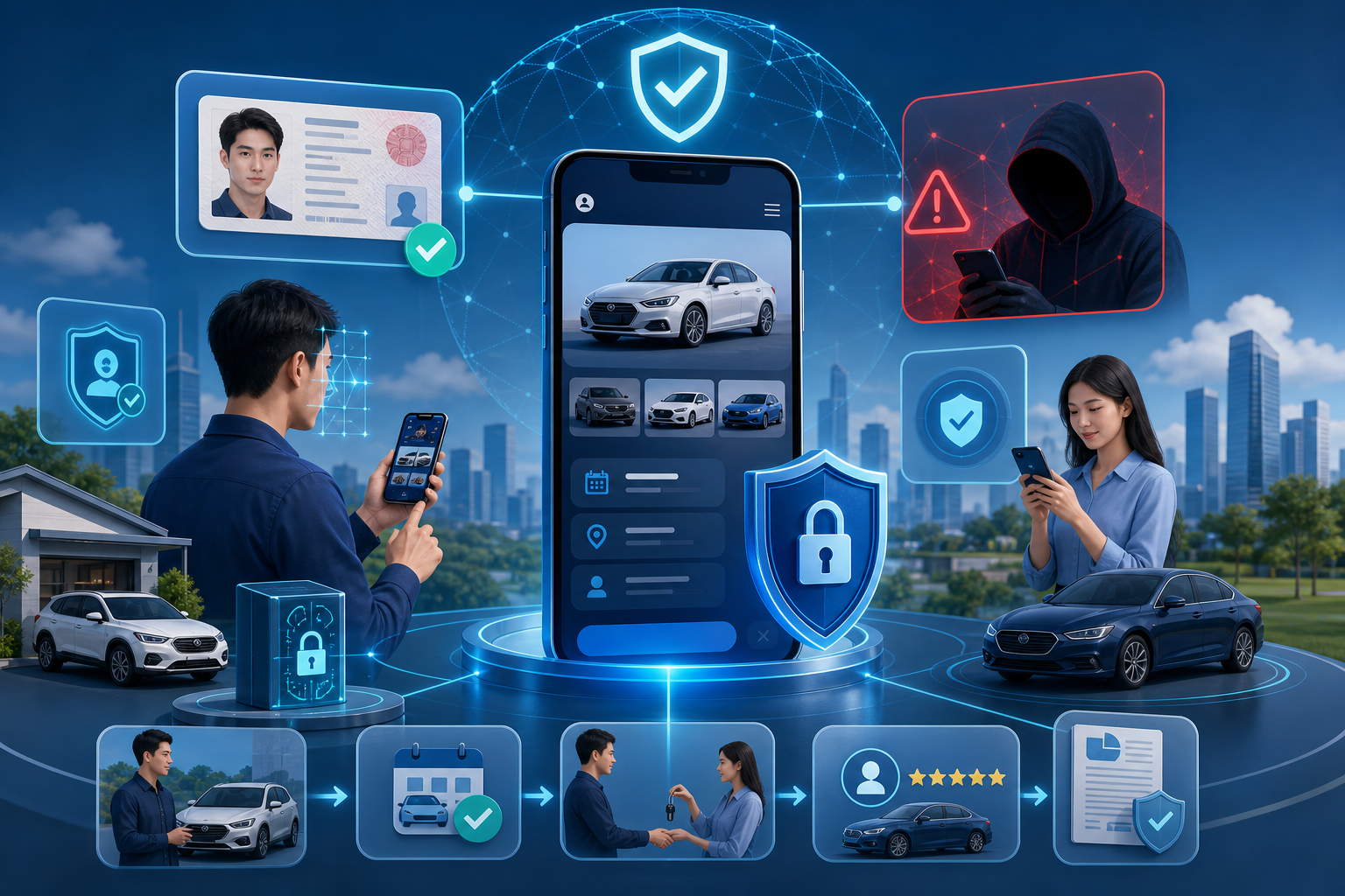 quản lý thuê xe, kiểm tra CCCD, RentID, an toàn thông tin, lừa đảo trực tuyến, lịch sử thuê xe, chủ xe, dịch vụ thuê xe, bảo mật dữ liệu, ứng dụng di động, công nghệ thông minh, tiện ích cho chủ xe.
